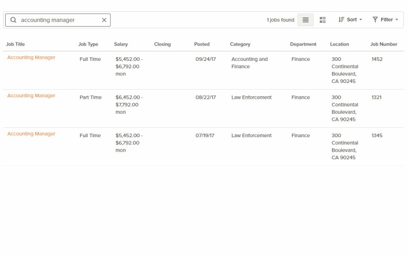 Jobs list page