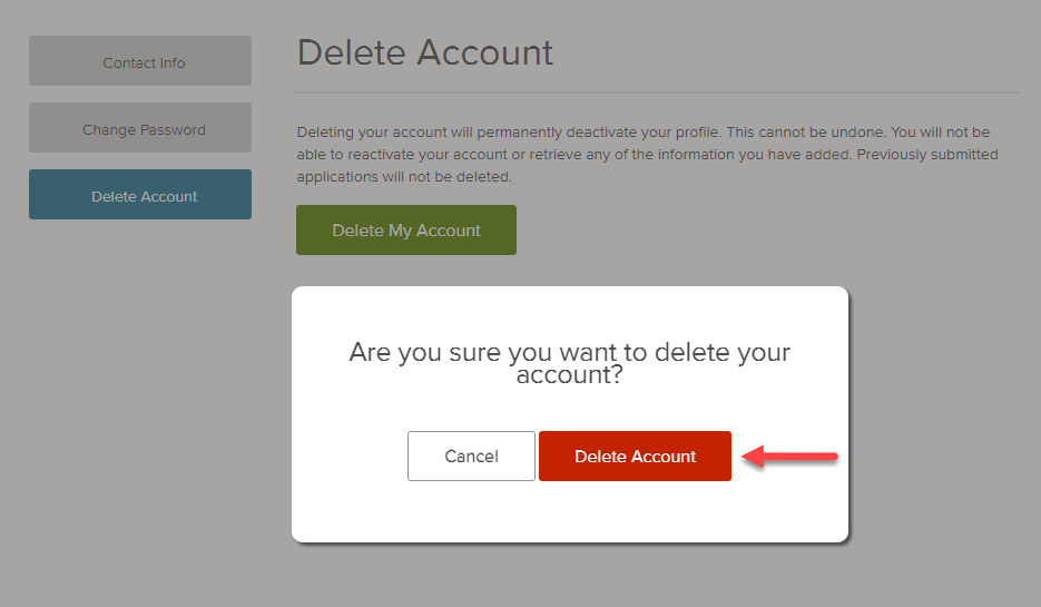 Delete my account confirmation window