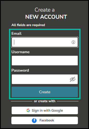 Create a new account form